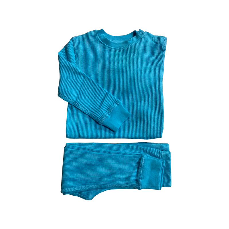 Bright blue organic waffle cotton loungewear and sleepwear for adults and children. Loungewear. Sleepwear. Unisex fashion. Eco Fashion. Slugs & Snails waffle cotton. Waffle cotton sets