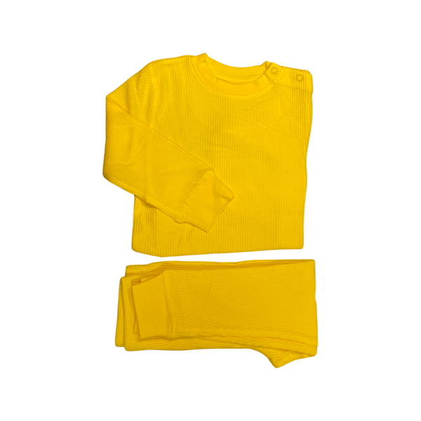 Bright yellow organic waffle cotton loungewear and sleepwear for adults and children. Loungewear. Sleepwear. Unisex fashion. Eco Fashion. Slugs & Snails waffle cotton. Waffle cotton sets